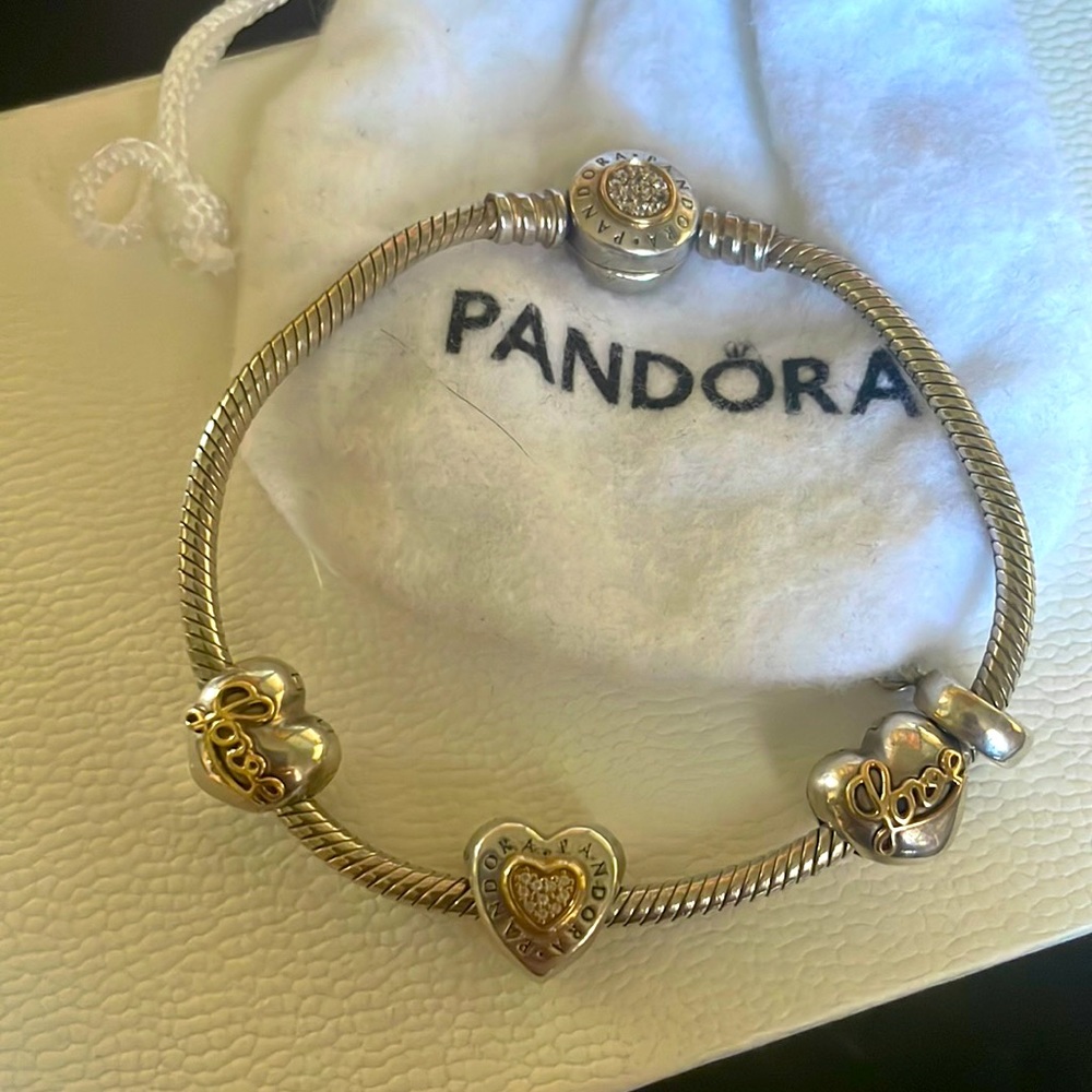 Pandora Signature Snake Bracelet with 2 Spacers Love and Pandora Heart charm